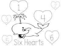 Six Hearts, trace the letters, color the whale