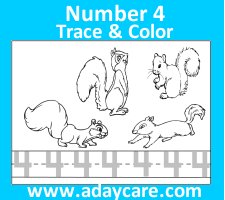  Preschool  Worksheet – Trace Number Four – Color The Four Squirrels for October